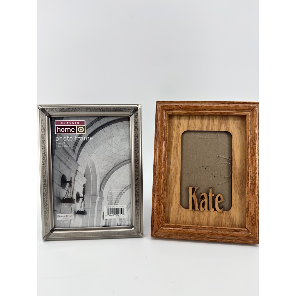 VTG Set of 2 Photo Frames Pewter Finish 5x7 and Personalized Wood Kate Frame